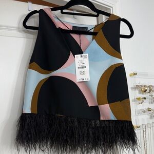 Zara Black and Multicolor Top with Feather Detail